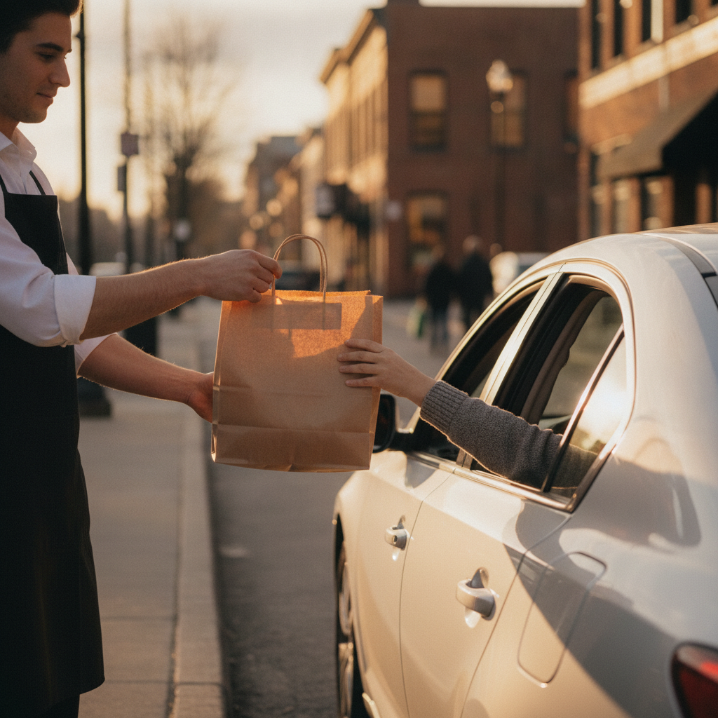 Curbside pickup handoff at a Mexican grill—team member passing a takeout bag to a driver during golden hour in Toronto