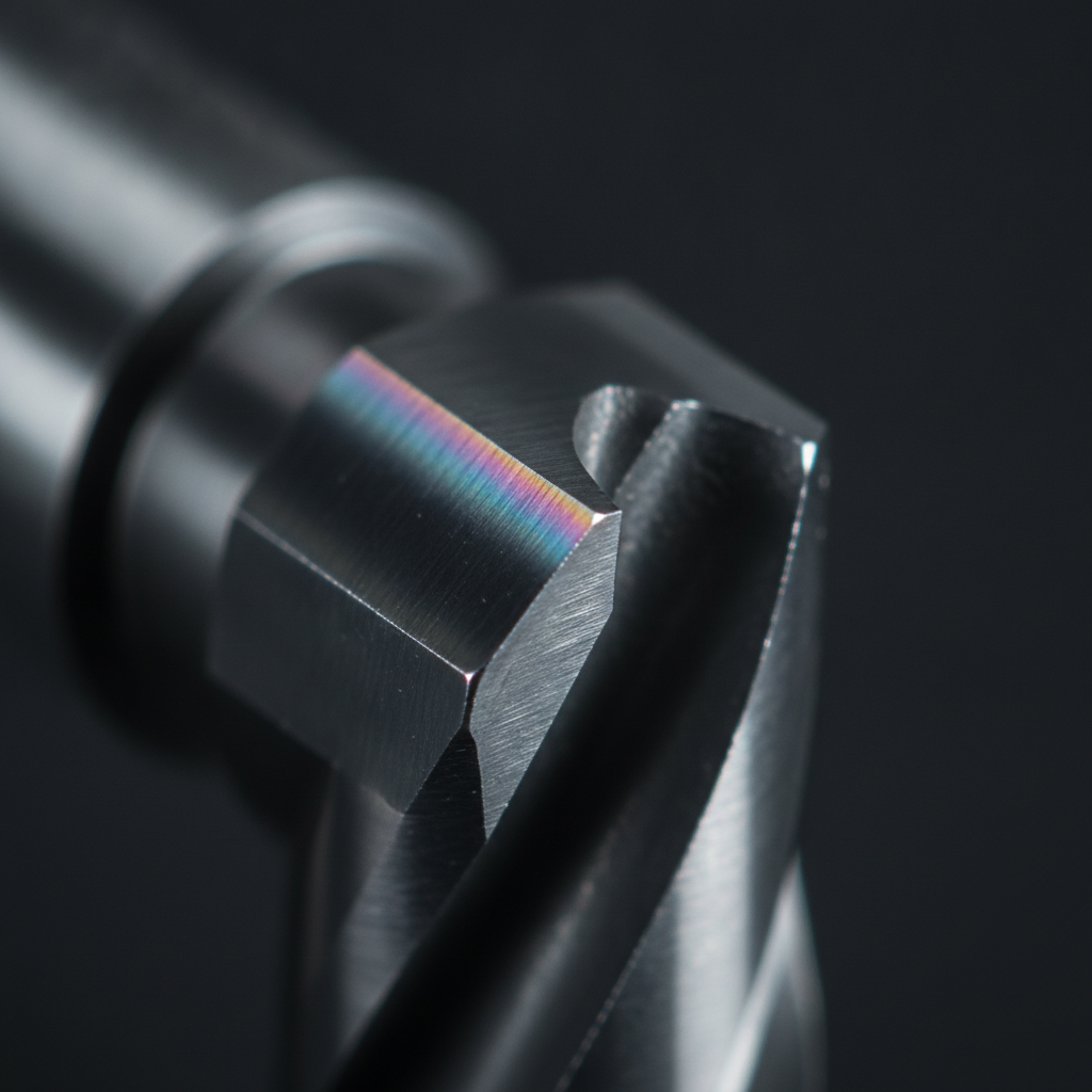 Macro of DLC-coated carbide end mill showing sharp cutting edge and diamond-like carbon layer with low friction