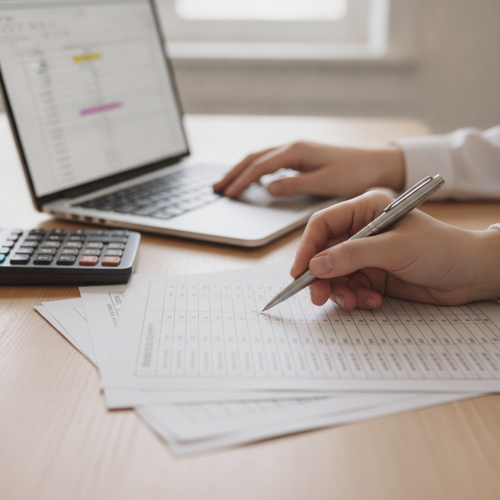 Close-up of hands reconciling accounts in cloud software for financial accounting advisory services