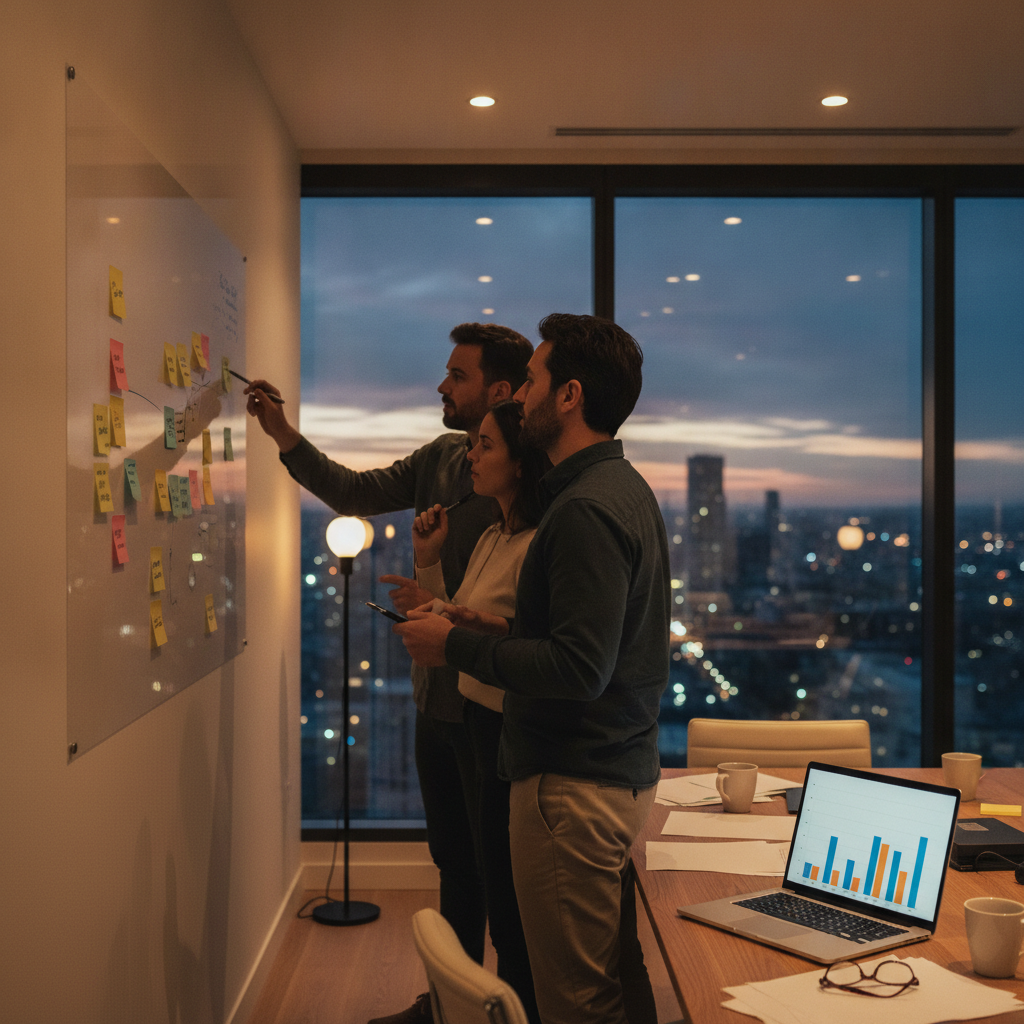 CFO-style workshop reviewing management reports and planning next steps for financial accounting advisory
