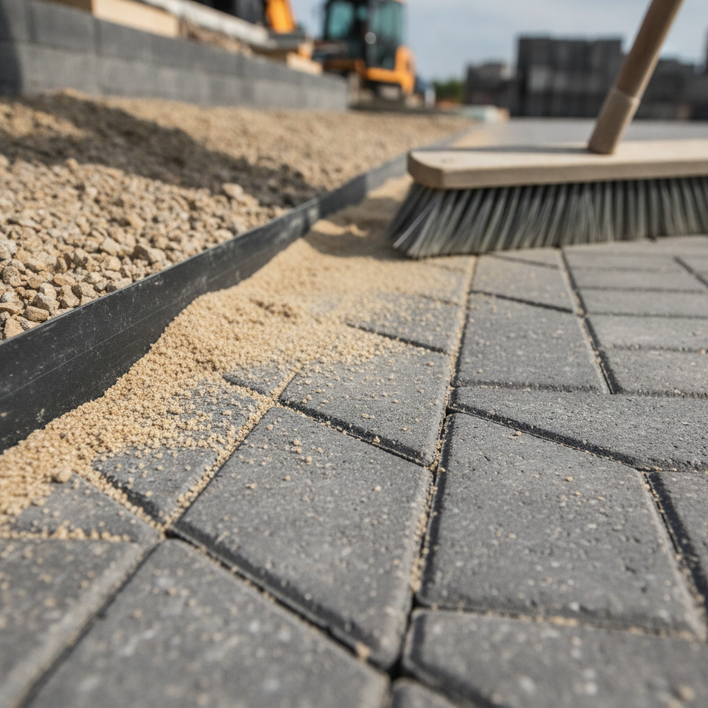 Close-up of polymeric sand swept into interlocking paver joints with visible edge restraint and compacted base