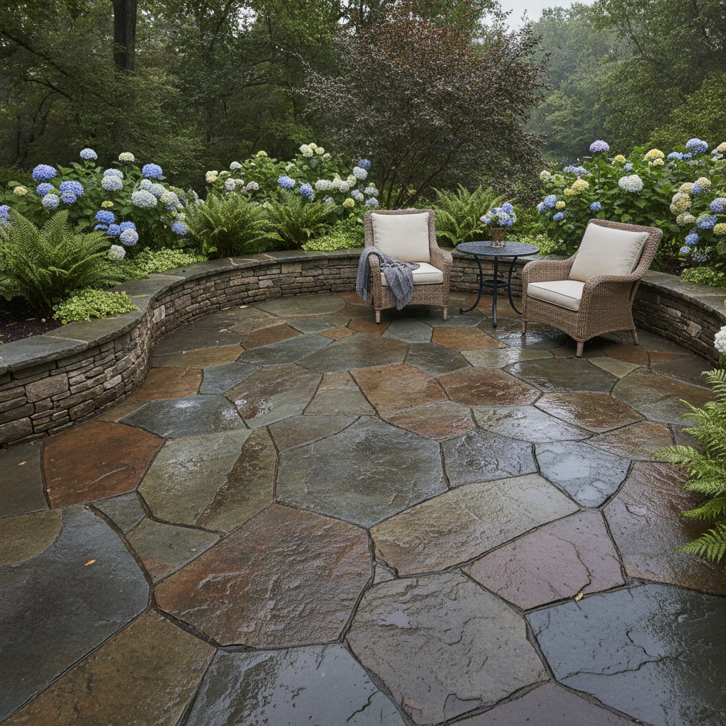 Side-angle of natural flagstone patio after rain with rich color variation and surrounding beds