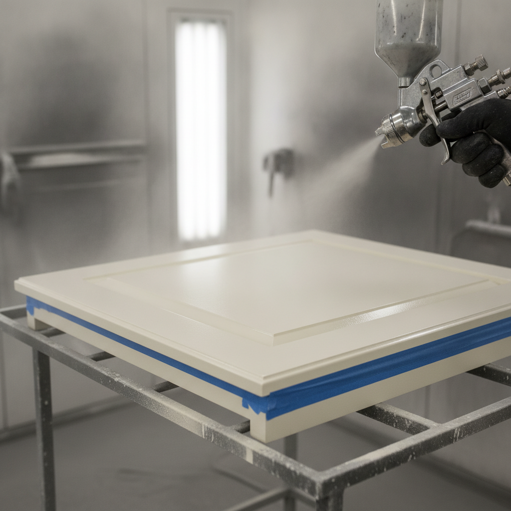 HVLP spray gun applying cabinet-grade enamel during cabinet refinishing in Toronto, close-up of even paint atomization on a detached door