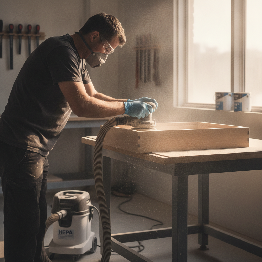 Technician sanding a cabinet drawer with HEPA dust control before priming as part of cabinet refinishing prep in Toronto