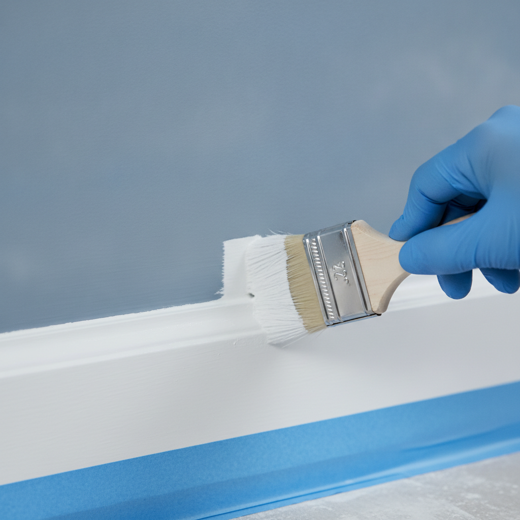 Close-up brush cutting in along trim for an interior painting project with low-VOC wall paint and crisp lines