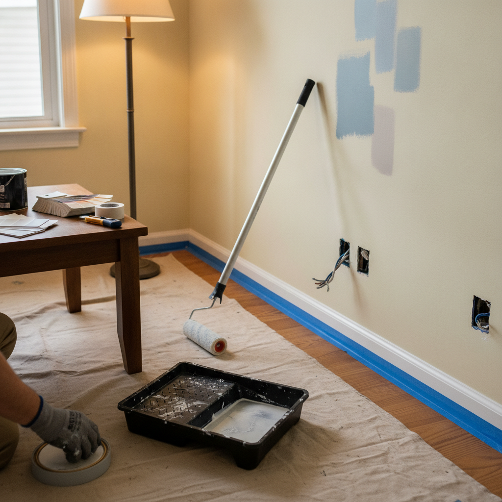 Interior painting prep scene with taped baseboards, roller tray, and color samples staged for efficient workflow