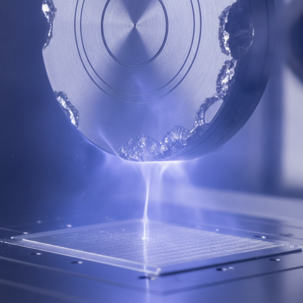 Close-up of magnetron sputtering plasma inside a PVD chamber, illustrating the physical vapor deposition process and target-substrate interaction