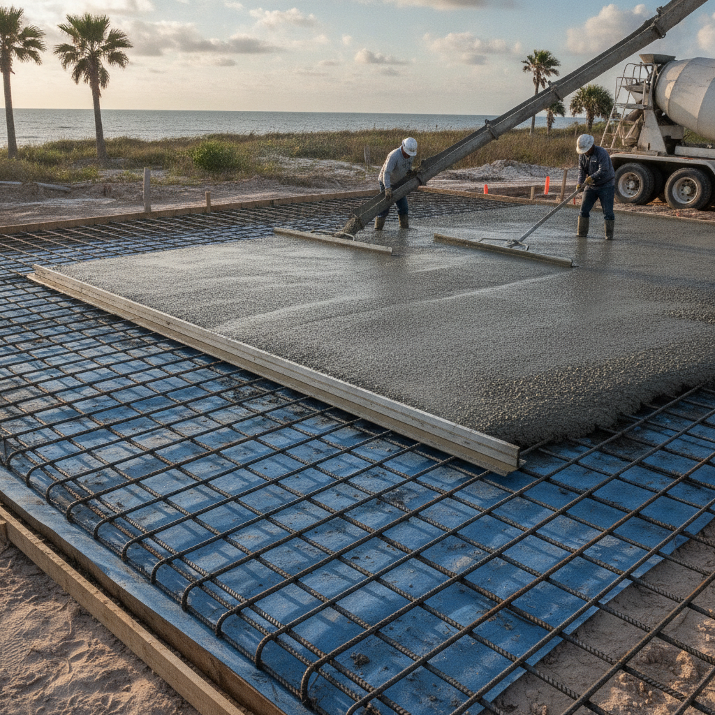Custom homes construction in Texas: concrete slab pour with rebar and vapor barrier for a residential foundation