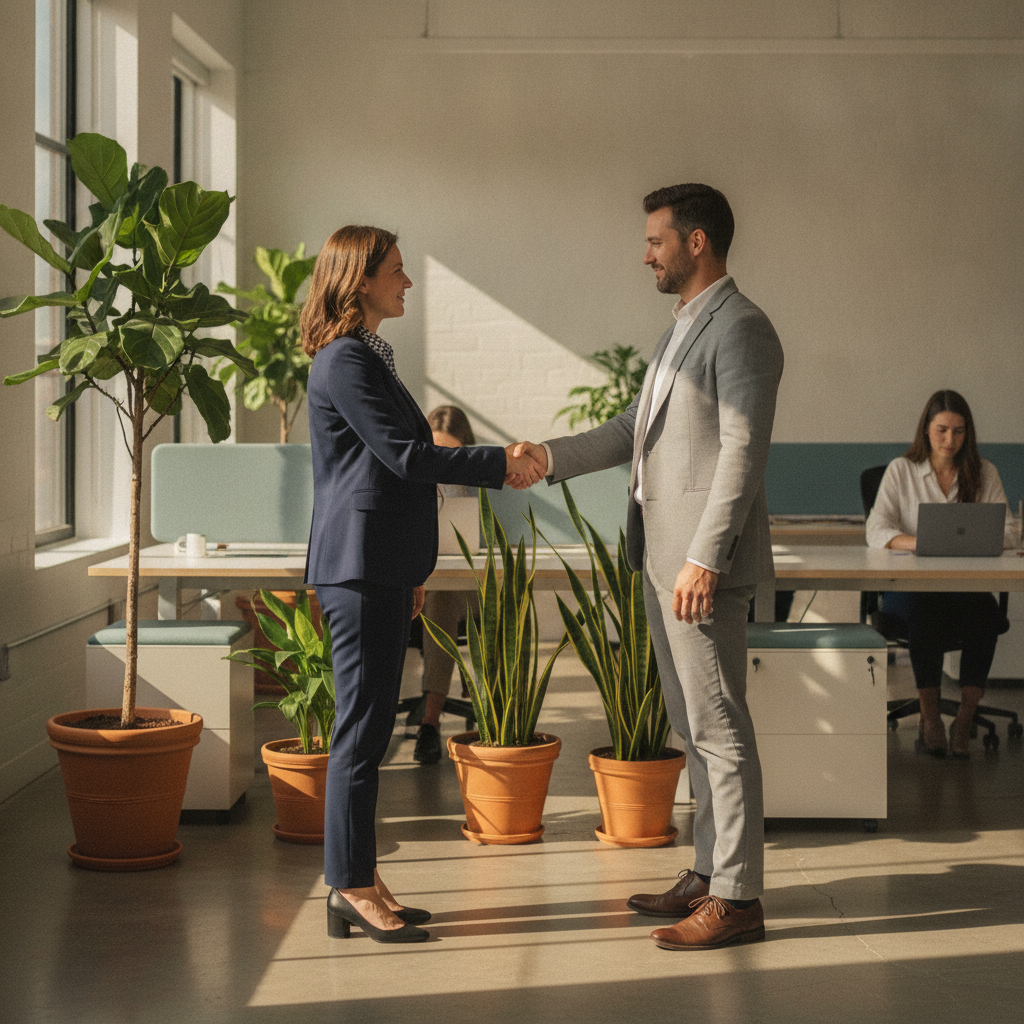 Advisor and small business owner shaking hands after agreeing on an accounting firm business plan in Parramatta