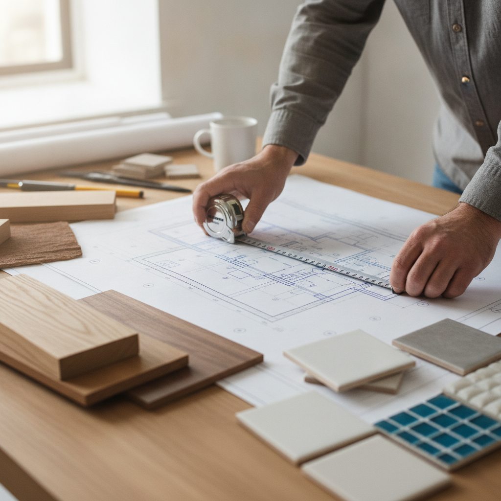 Detail shot of custom homes construction planning: blueprints, materials, and measuring tools for a Texas residential build