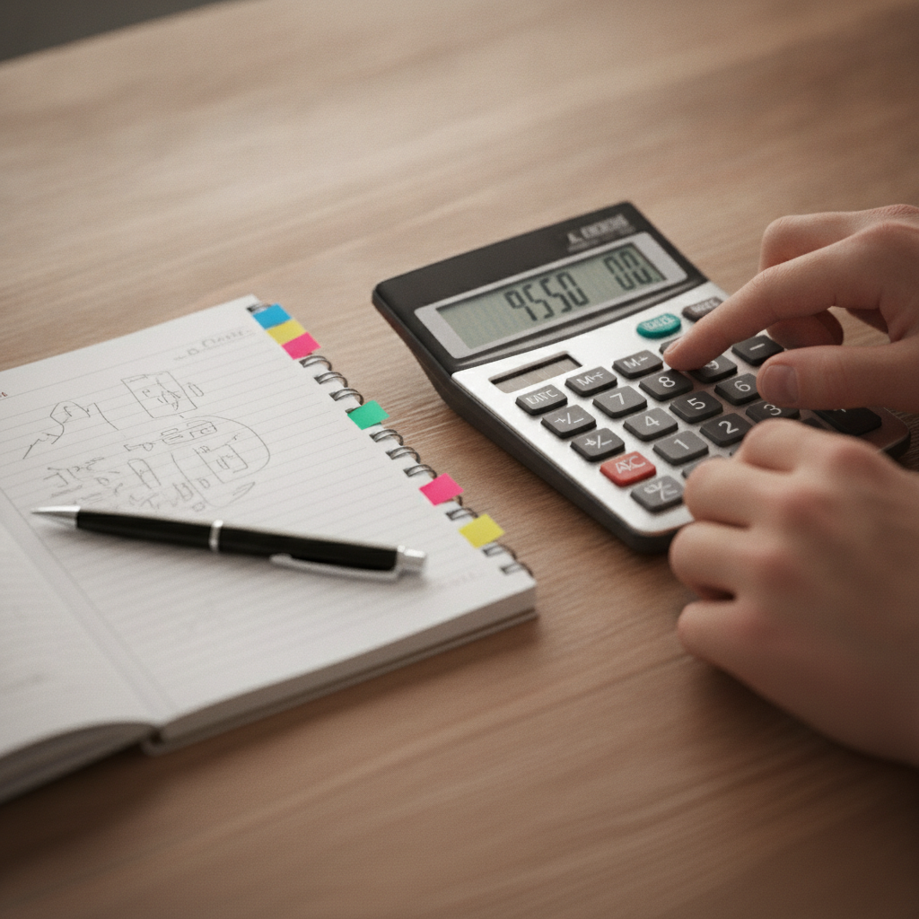 Close-up of hands using a calculator to build a business plan for an accounting firm with clear KPIs and delivery workflows