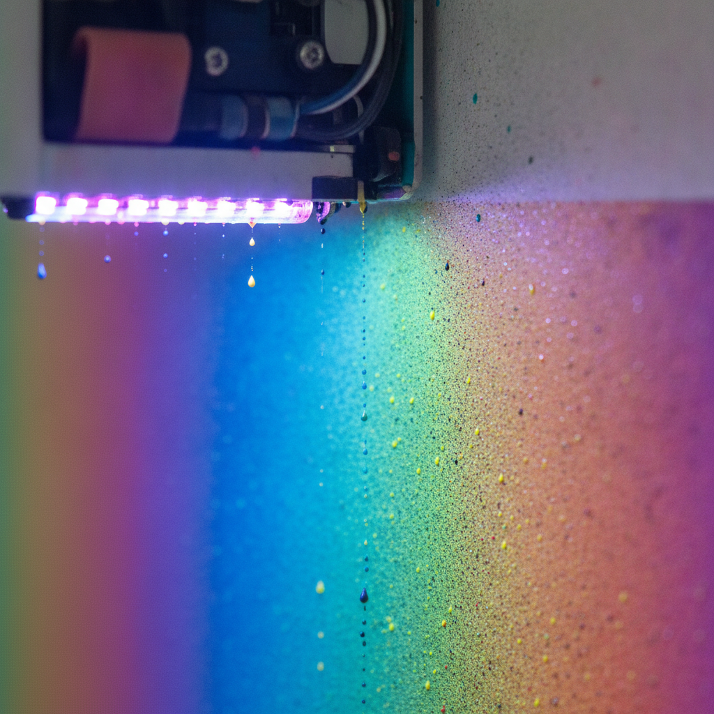 Close-up of UV printhead curing custom mural ink on interior wall, showing smooth gradients and high-resolution UV wall printing detail