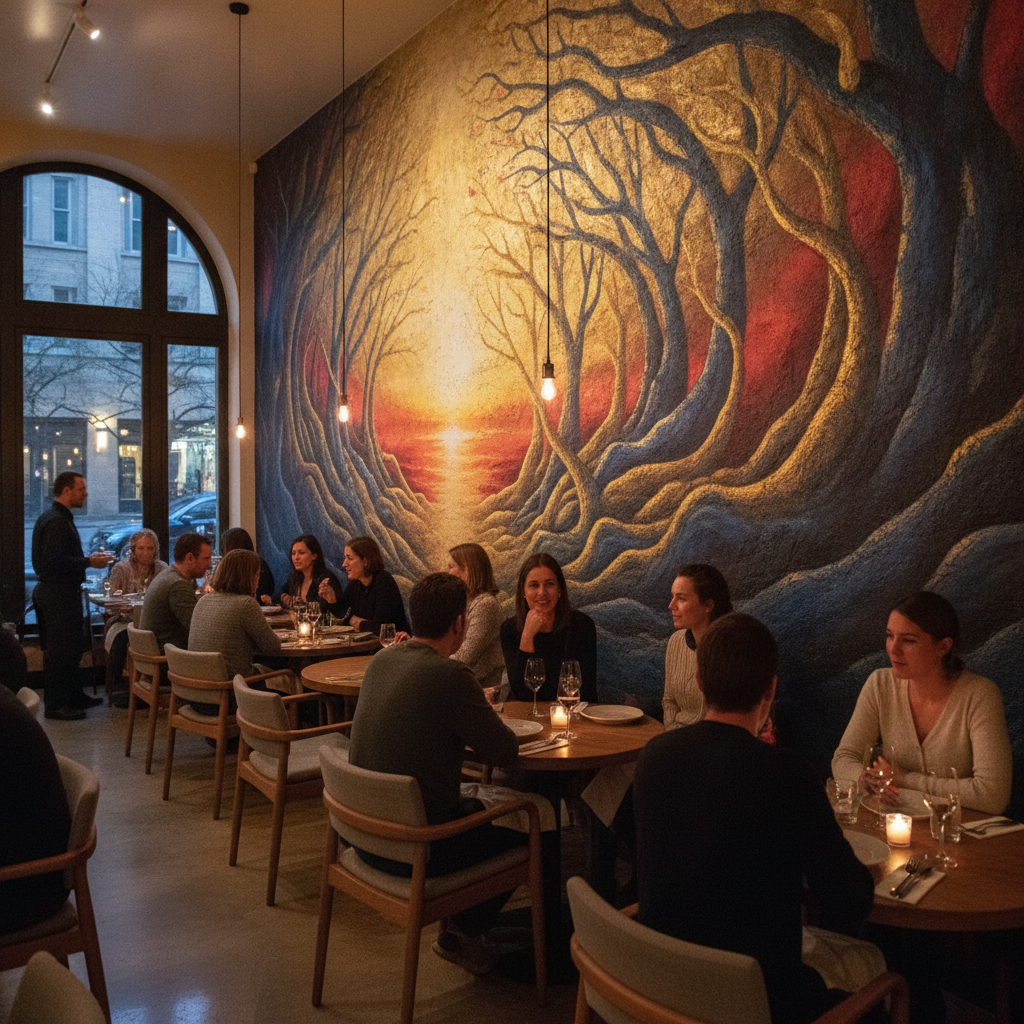 Custom mural as a restaurant feature wall with diners, showcasing UV wall printing for hospitality interiors