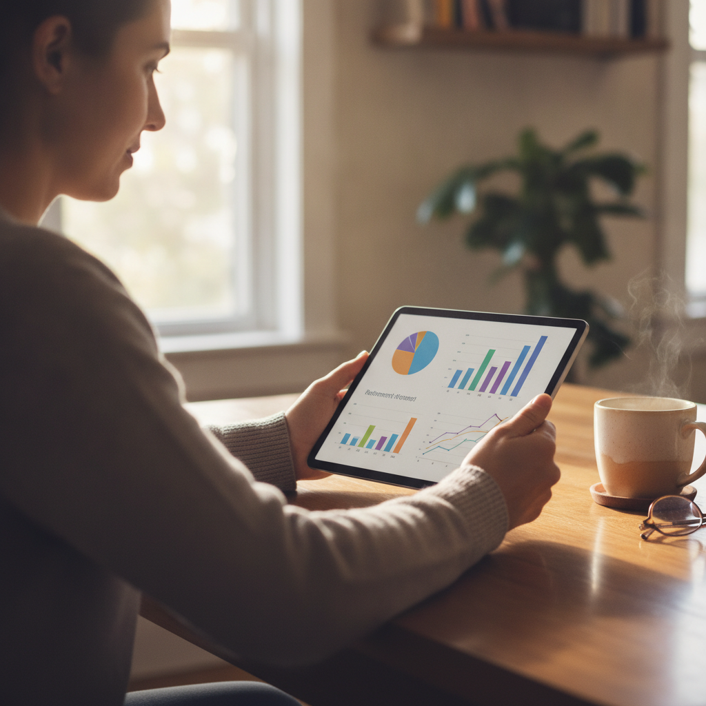 Side-angle view of a person reviewing retirement timelines and diversified charts on a tablet at home