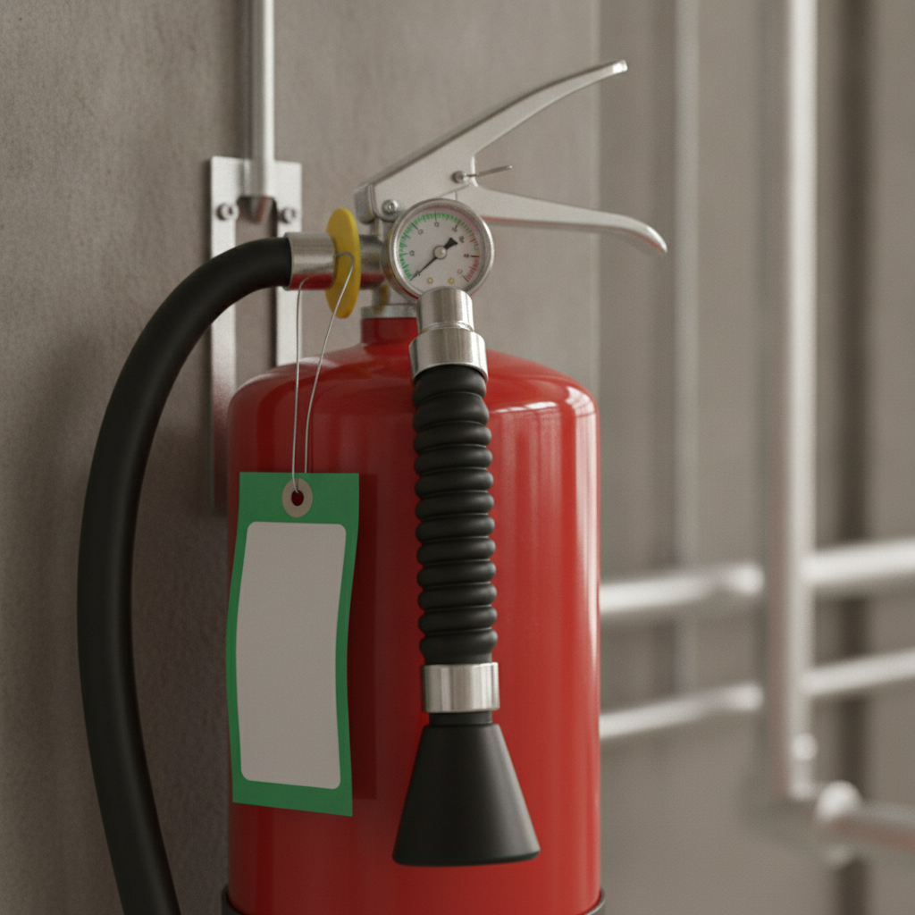 Close-up ABC fire extinguisher with gauge in green and inspection seal, illustrating compliant fire safety equipment labeling