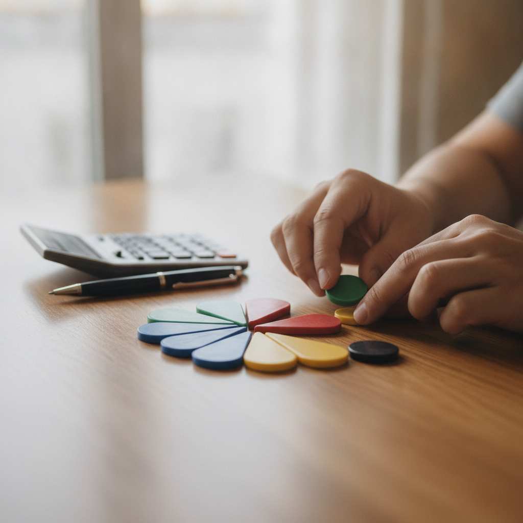 Close-up of hands arranging colored tokens to illustrate asset allocation during retirement planning with a financial advisor