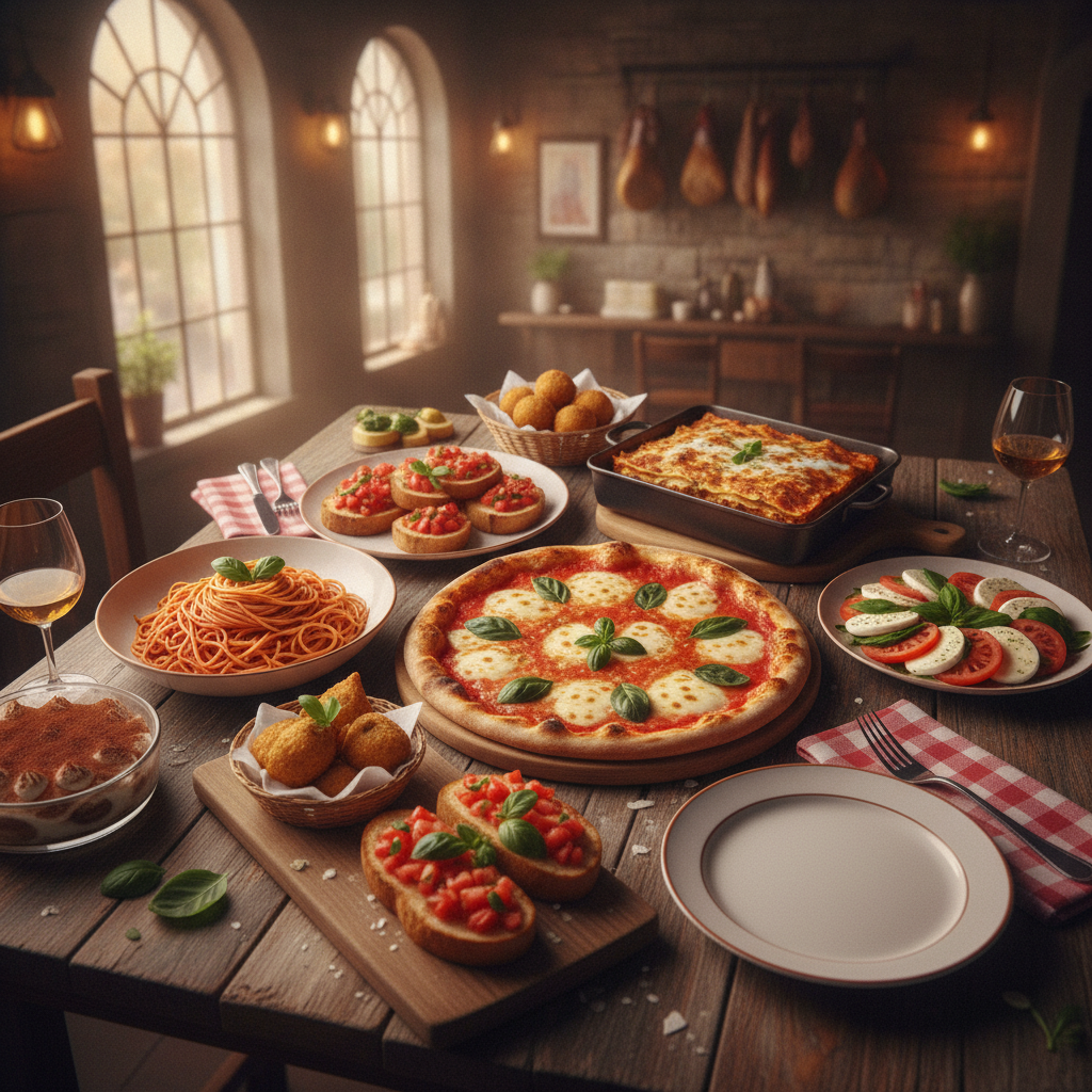 Traditional Italian food spread with pizza, pasta, and starters at an Edmonton Italian restaurant