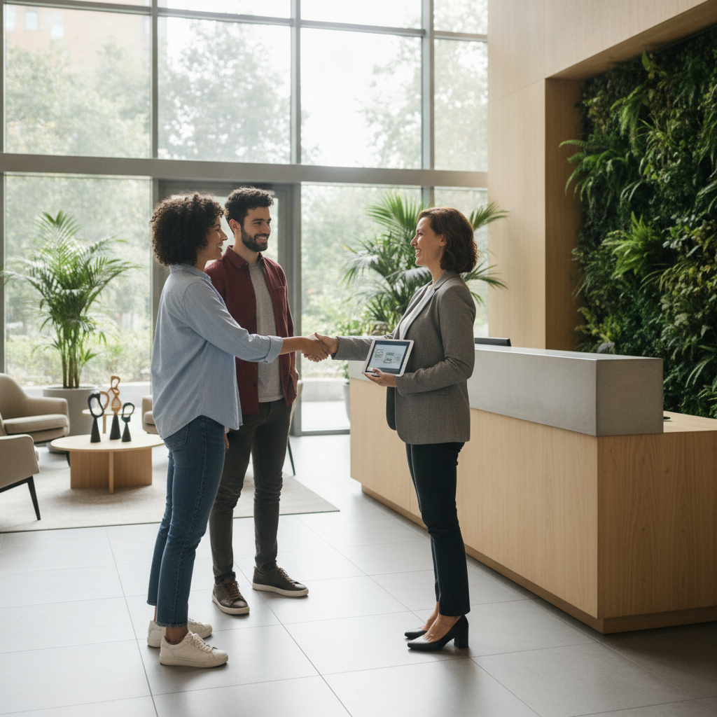 Property manager greeting renters in a bright lobby, demonstrating great first impressions for free rental advertising