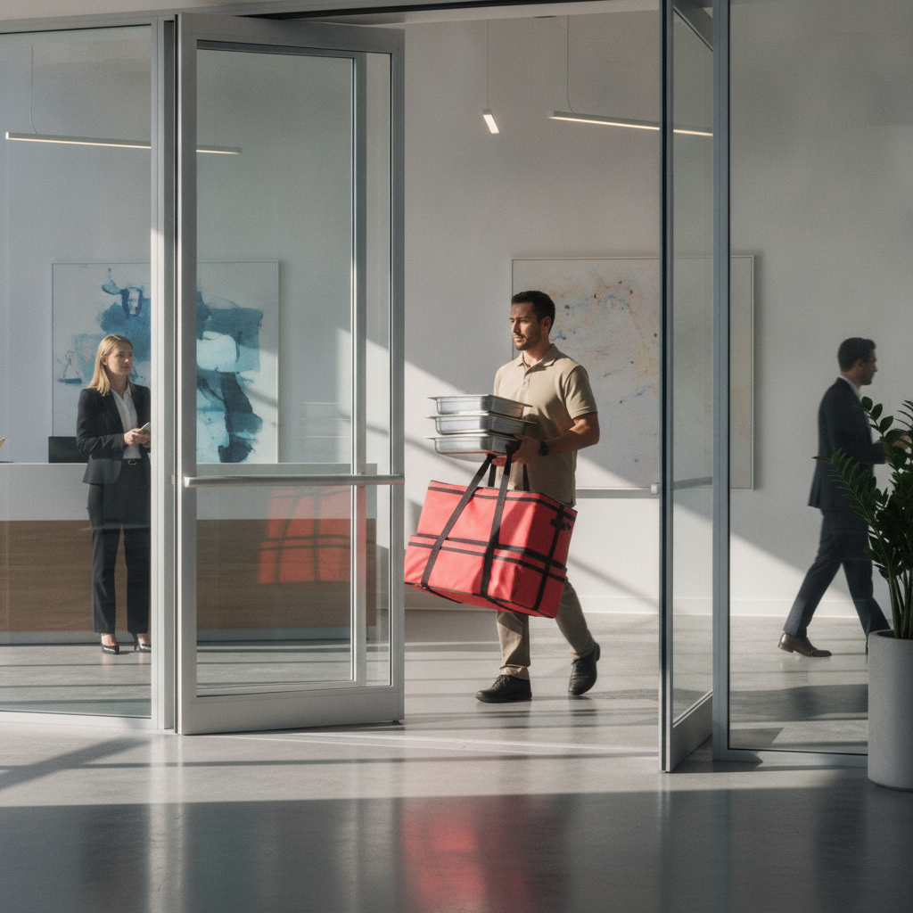 Courier delivering insulated catering bags for corporate lunch catering to a Toronto office lobby