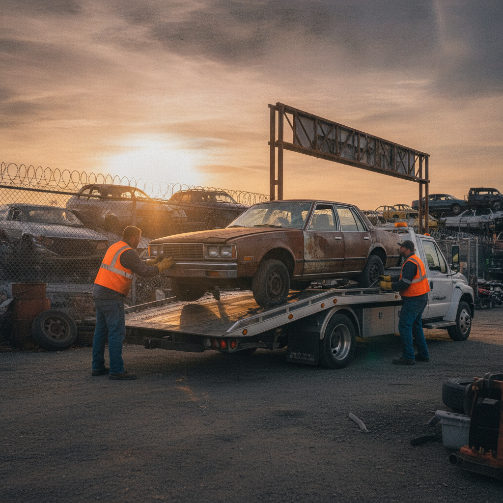 Tow truck loading an older sedan for scrap car removal in the Rexdale area near Etobicoke yard, supporting a smooth scrap rate for cars process