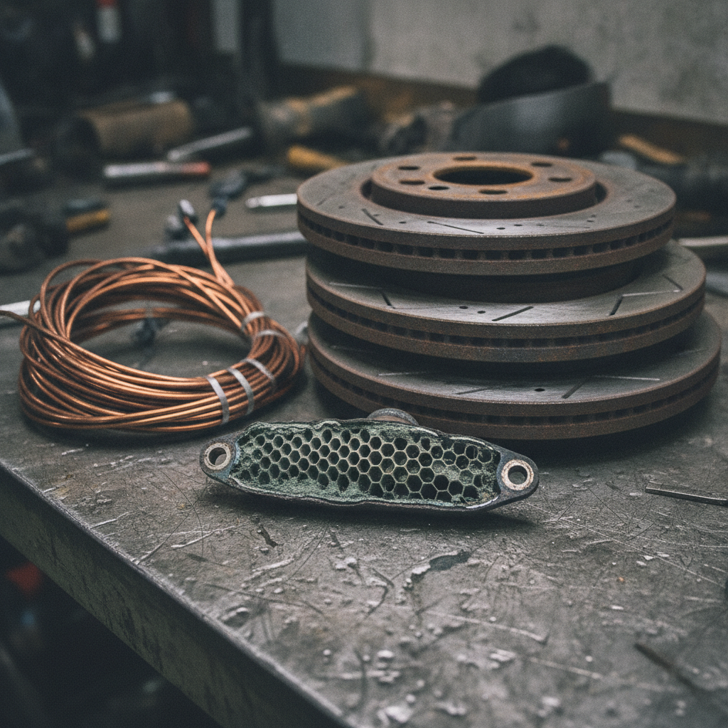 Close-up of catalytic converter honeycomb, copper wiring, and rotors showing valuable scrap car parts for better scrap rate for cars