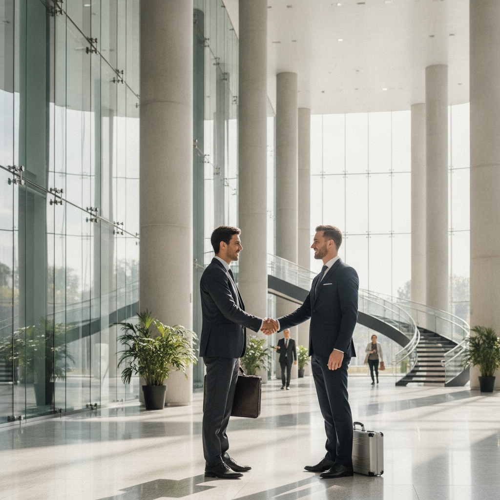 Handshake between professionals in a bright government building lobby, symbolizing a capability statement leading to award