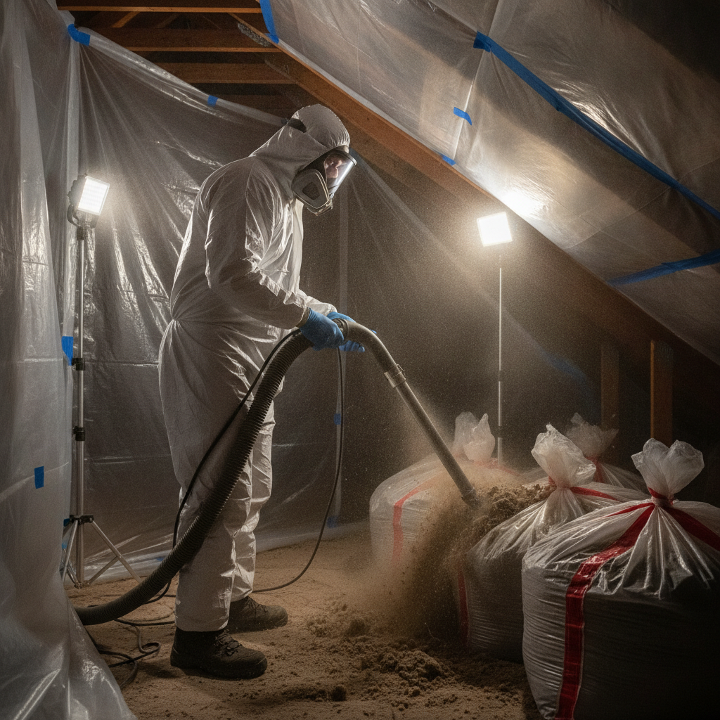 Technician using a HEPA vacuum to remove contaminated attic insulation under plastic containment with PPE during mold remediation