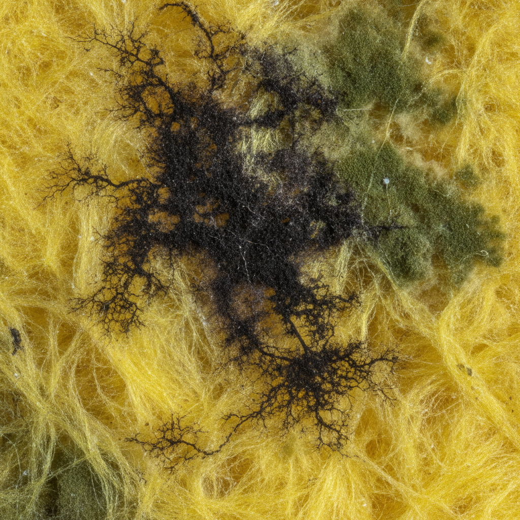 Close-up of mold growth on fiberglass batt insulation fibers in an attic, illustrating mould on insulation and fiber contamination