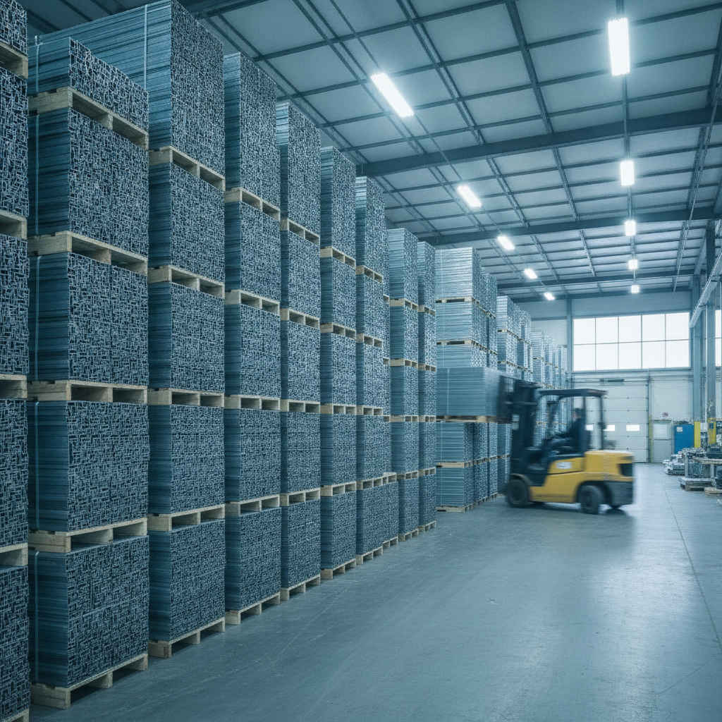 Bundled steel studs and metal tracks stacked on pallets inside a Vaughan, Ontario manufacturing warehouse, ready for delivery across Canada and the U.S.