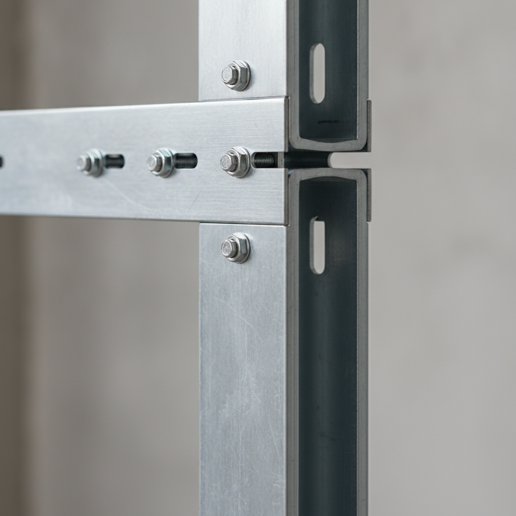 Close-up of slotted deflection track with light gauge steel stud and proper fastener spacing for head-of-wall movement in a metal stud and track system