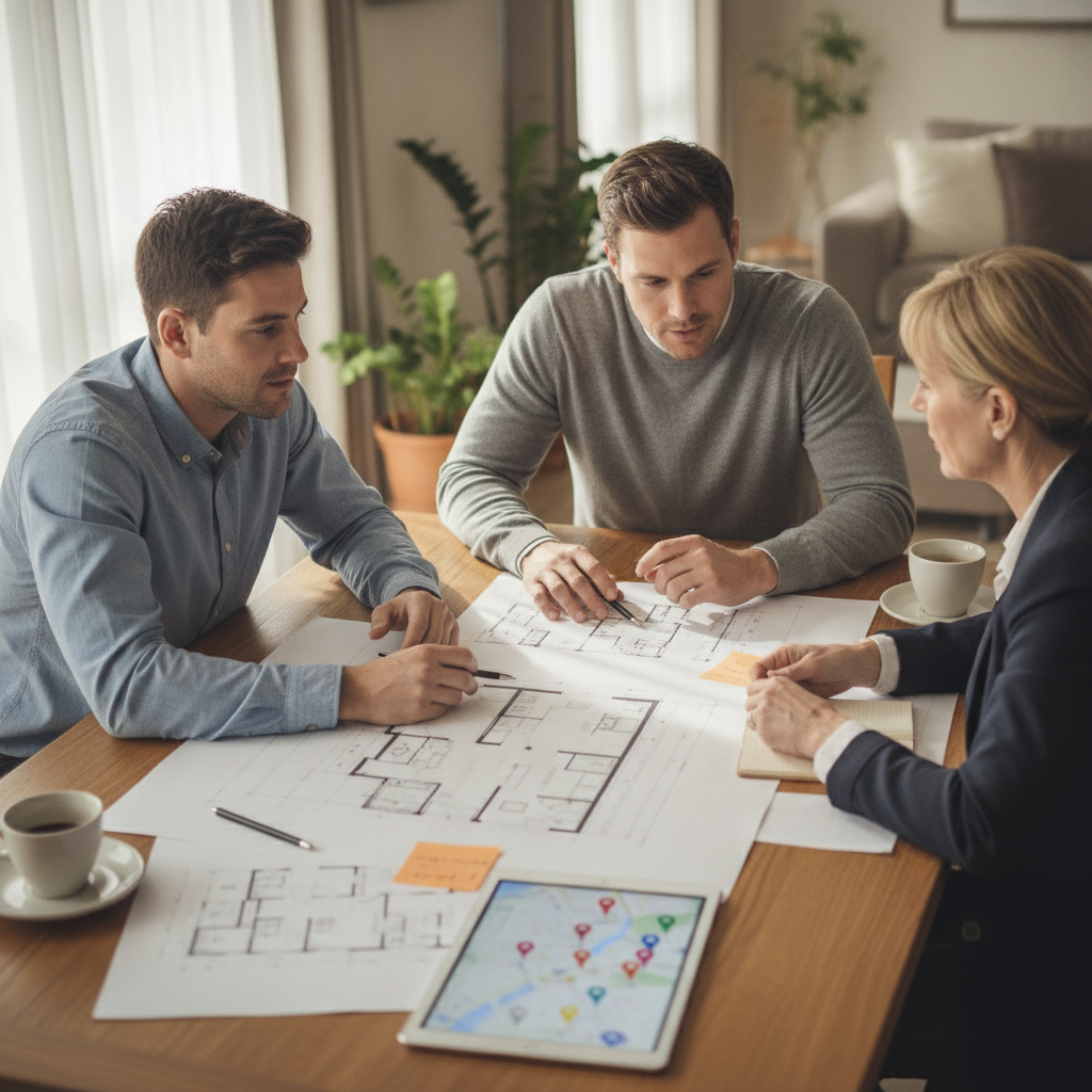 Surrey buyers reviewing floor plans, filters, and saved searches with a real estate agent