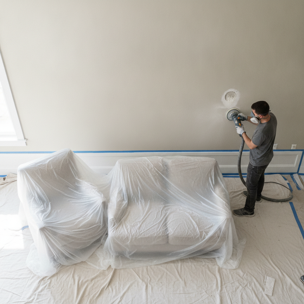 Interior paint prep with sanding a drywall patch, painter’s tape on baseboards, and furniture covered for protection