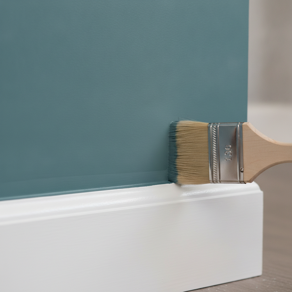 Close-up cutting-in technique for interior painting along white trim with smooth brushwork