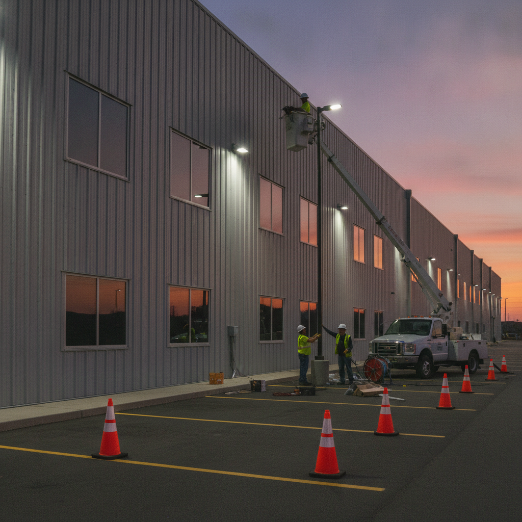 Bucket truck installing LED parking lot and high-bay exterior lighting for a commercial facility in Tennessee
