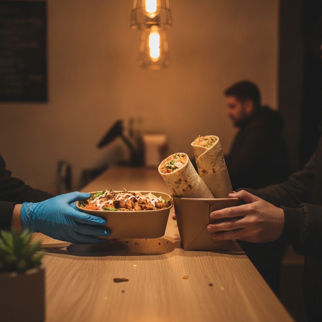 Takeout shawarma bowls and wraps in eco-friendly packaging being handed to a customer in Toronto, illustrating delivery-friendly customization choices