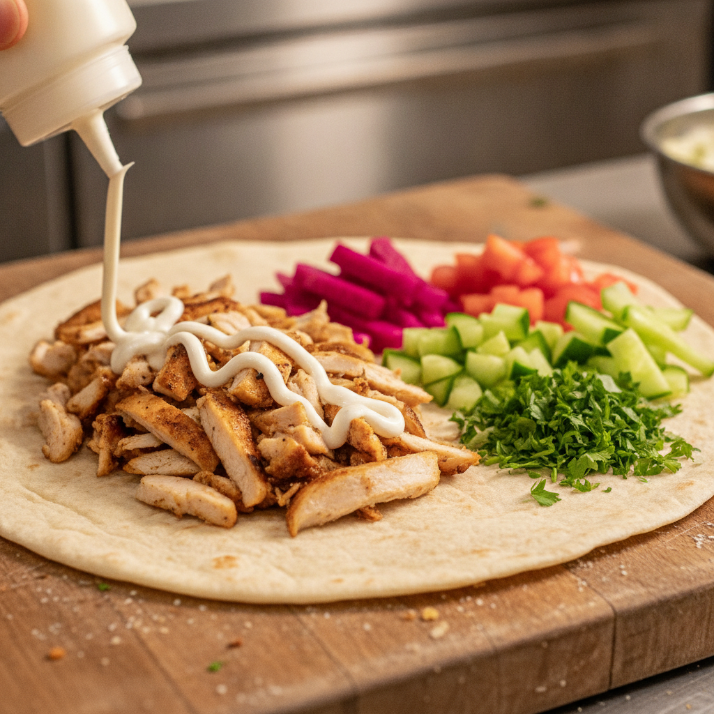 Close-up of a Shawarma Moose wrap being assembled with chicken, garlic sauce, pickled turnips, and fresh vegetables for Toronto shawarma menu customization