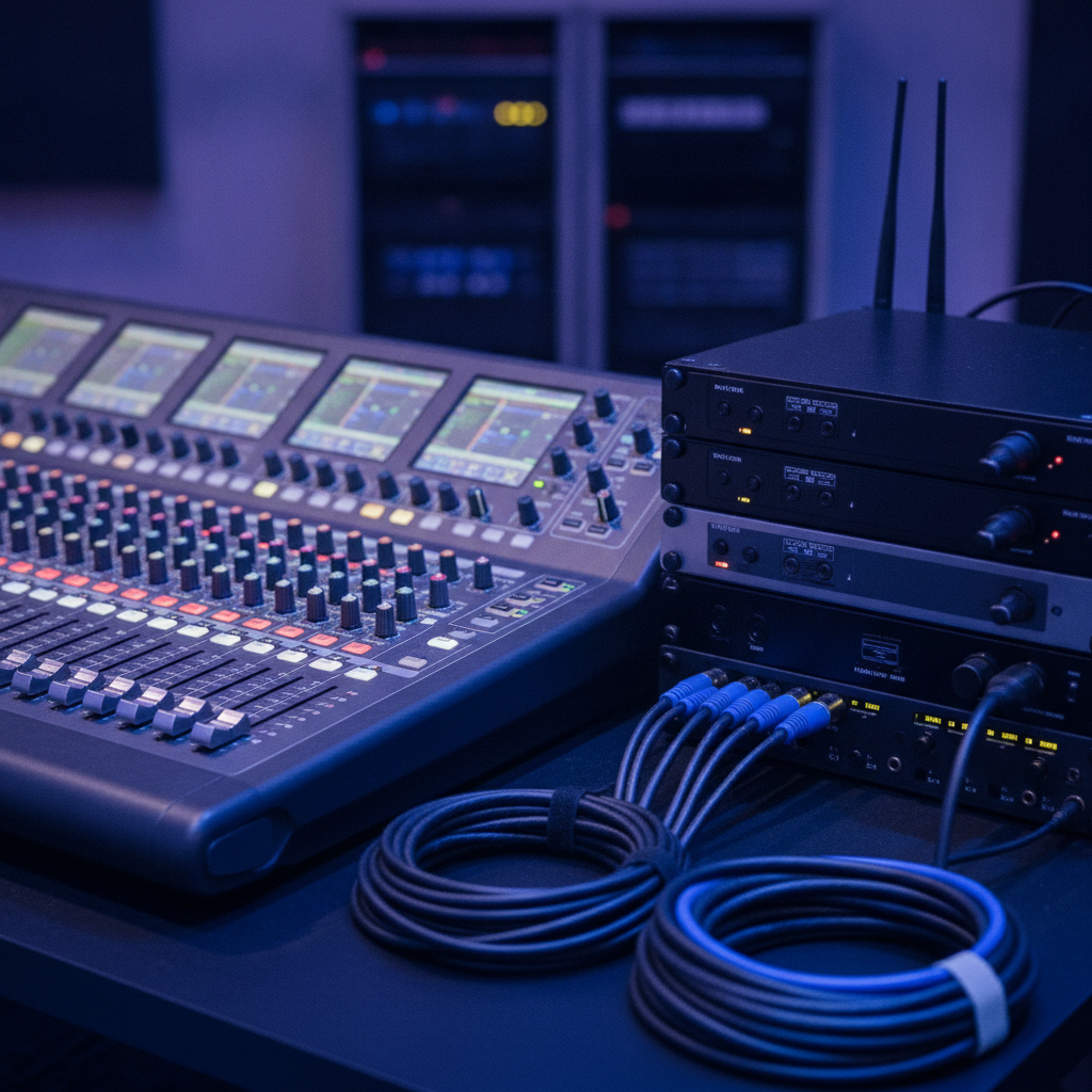 Close-up of professional digital audio mixer and wireless mics for AV setup for events
