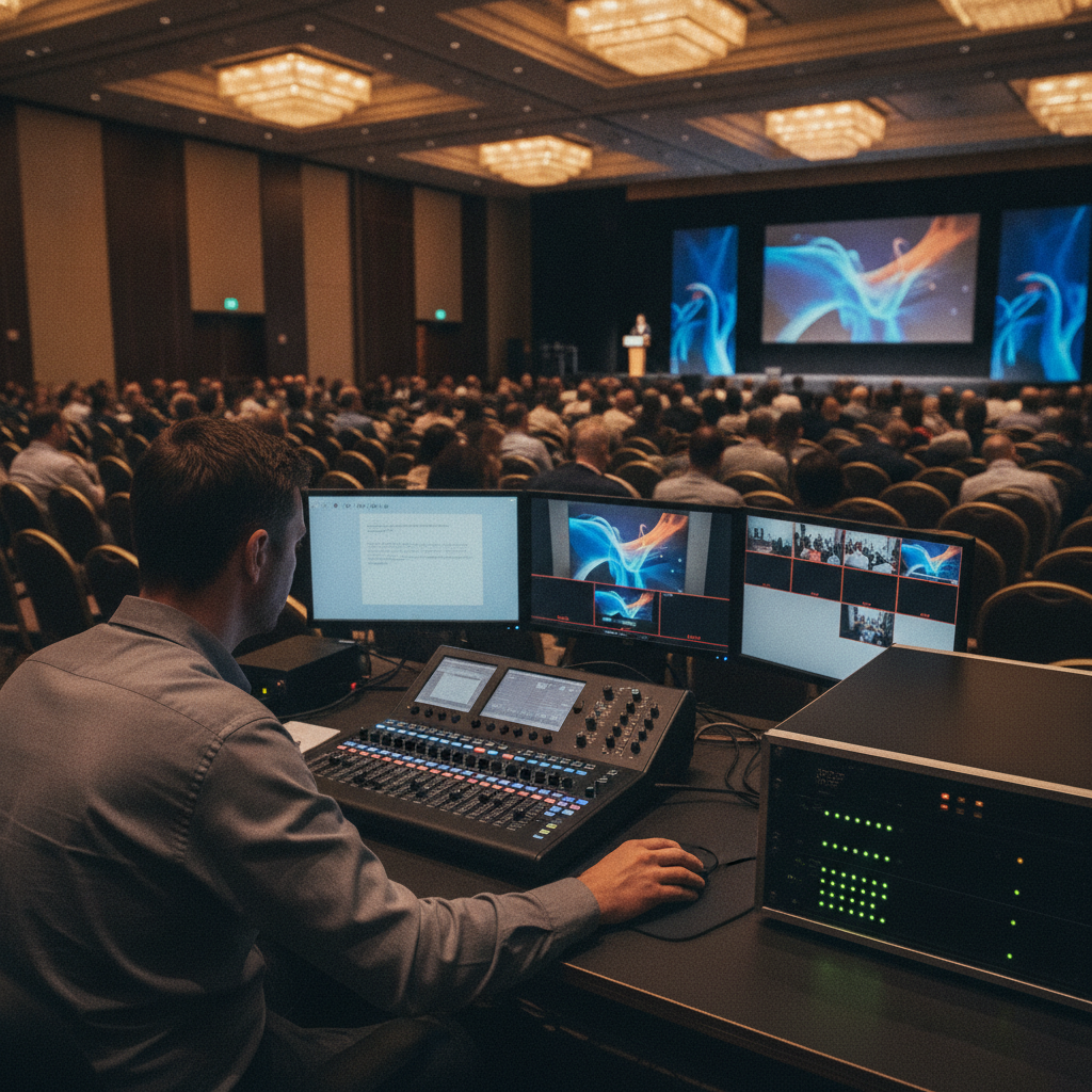 Control booth with video switcher and streaming encoders at a Mississauga event venue