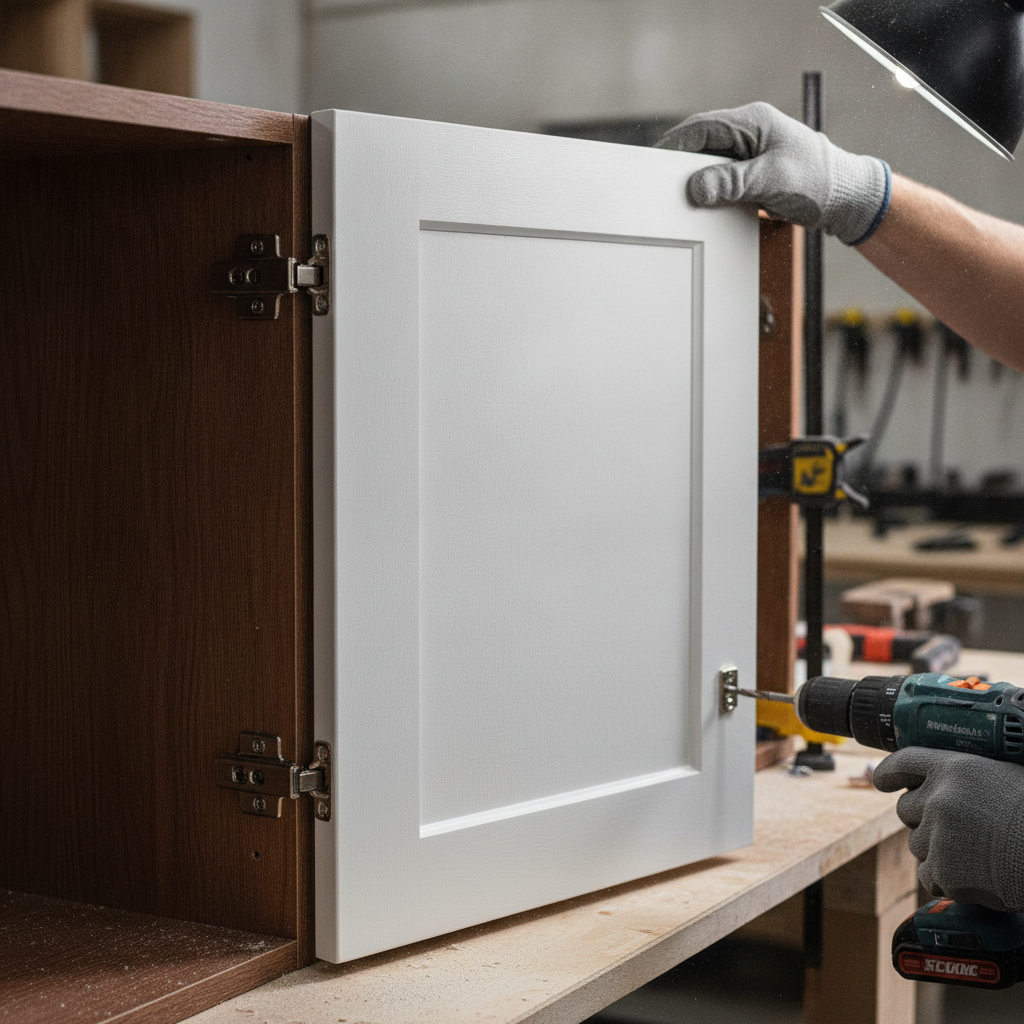 Kitchen Reno: Save Money Without Cutting Style in 2026 1 Close-up of cabinet refacing during a kitchen reno on a budget in Brampton, showing shaker door alignment and soft-close hinge install