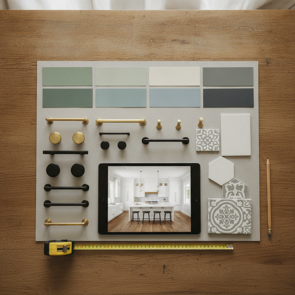 Kitchen Reno: Save Money Without Cutting Style in 2026 2 Top-down mood board for a kitchen reno on a budget showing finish samples, hardware, tile pieces, and a 3D design render