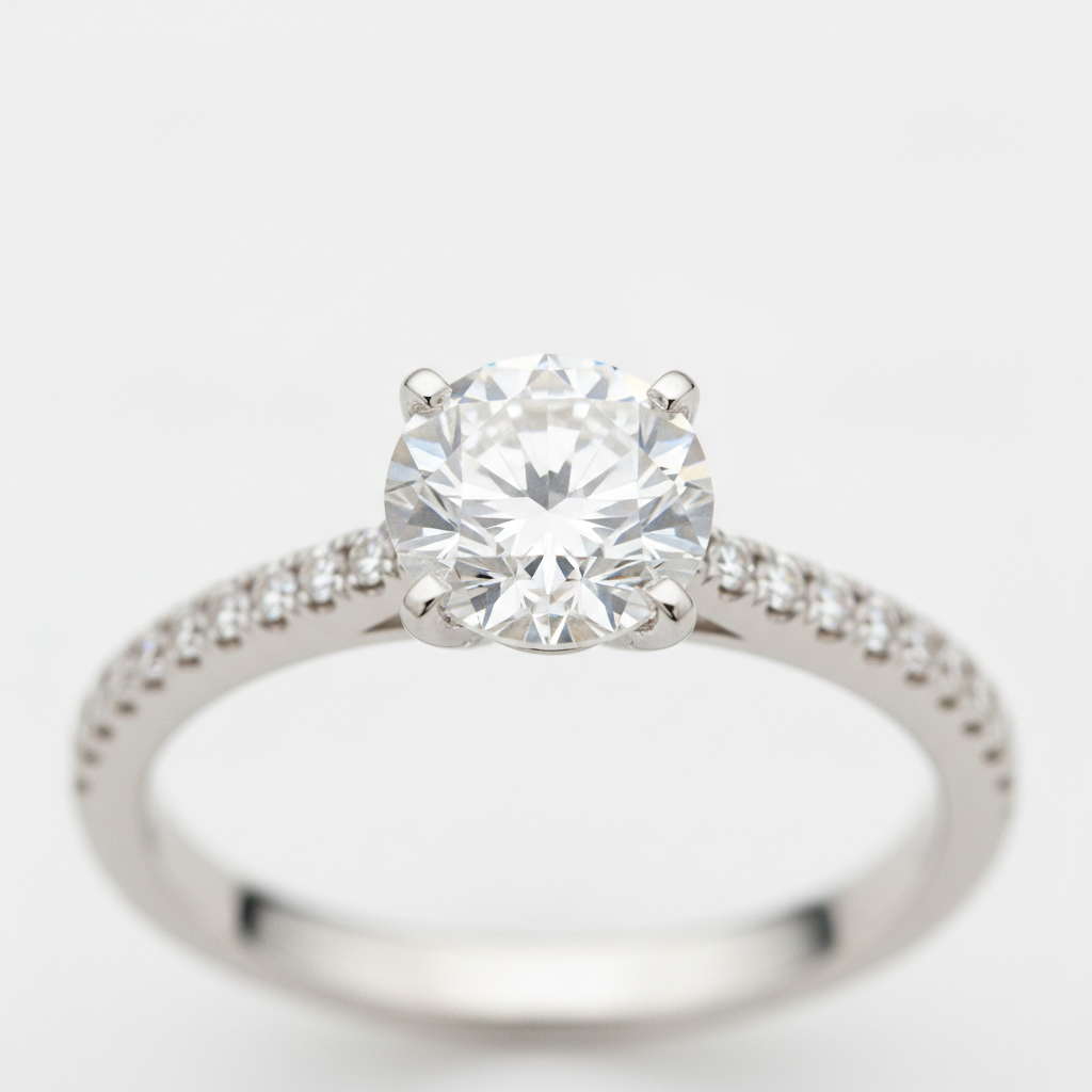 Macro close-up of a classic round brilliant solitaire engagement ring with six prongs and a thin pavé band
