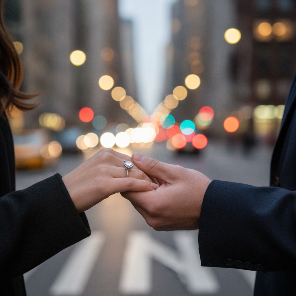 Lifestyle proposal in Manhattan with a classic diamond engagement ring sparkling against warm city lights