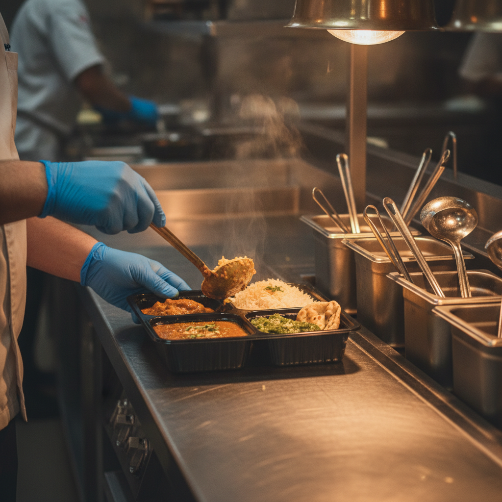 Takeout Indian thali meal being packed into a compartment tray in a professional kitchen in Brampton