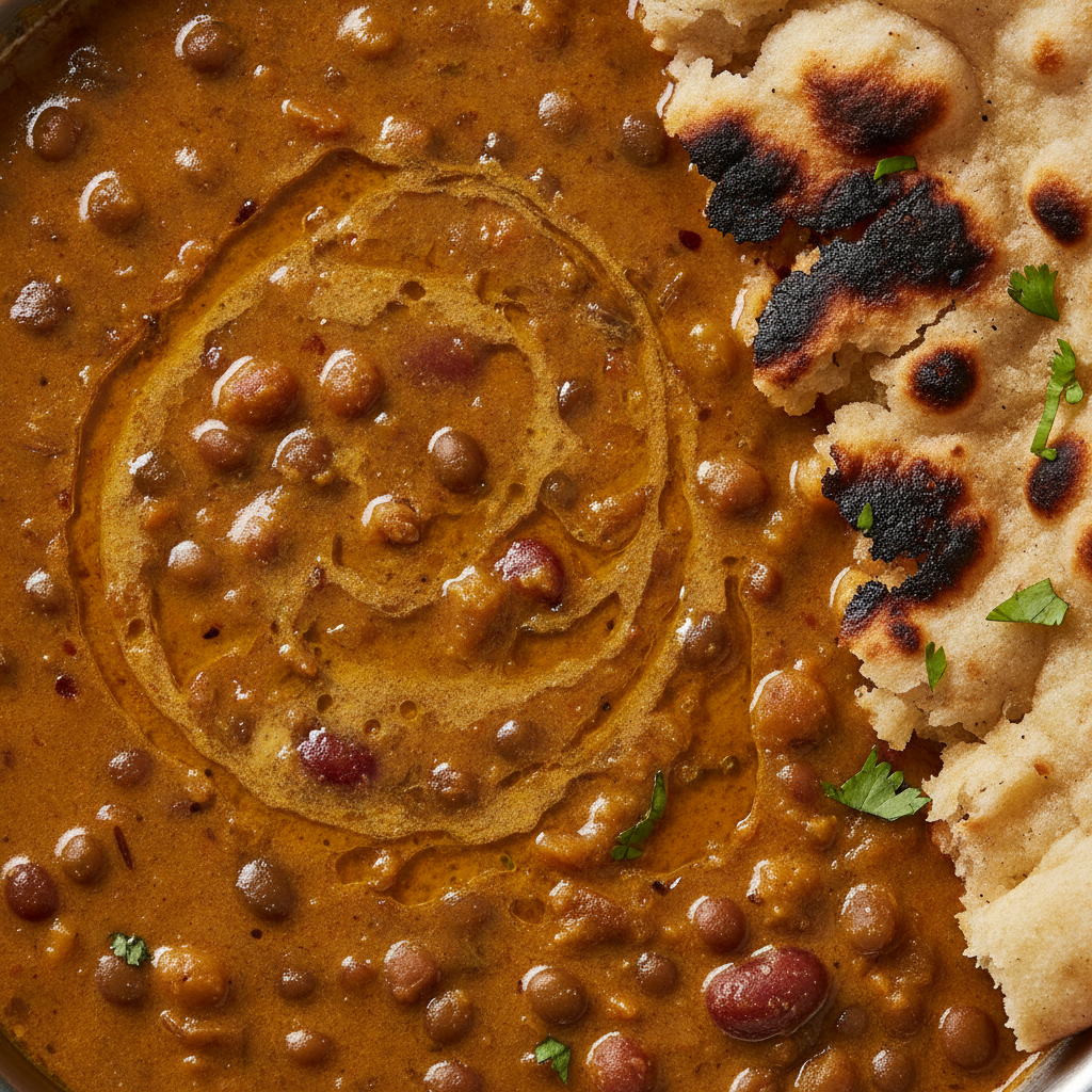 Close-up of dal makhani and roti illustrating textures in a Punjabi Indian thali meal from Brampton