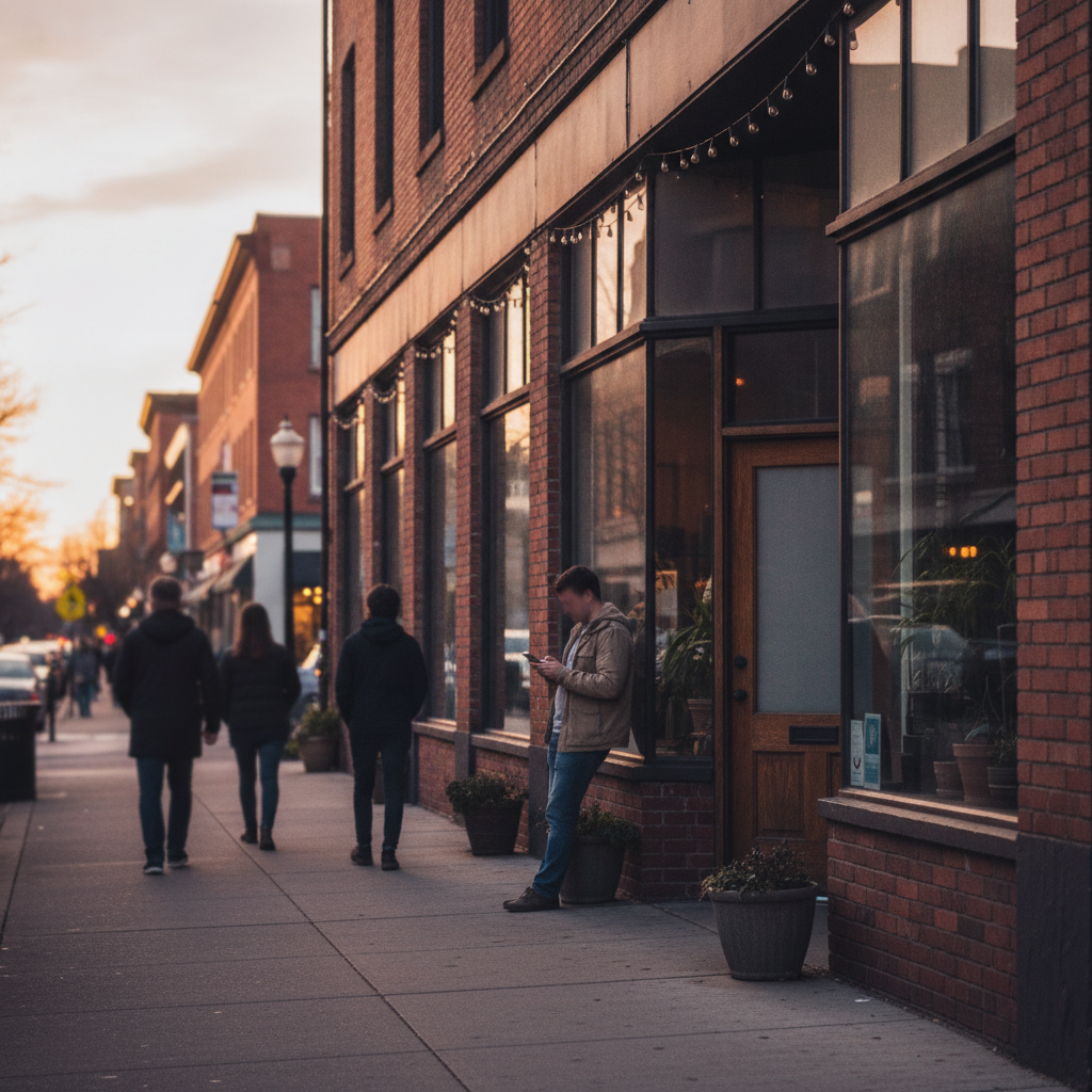 Street-level view of a local storefront at golden hour, illustrating local search context for search engine optimized content and neighborhood discovery
