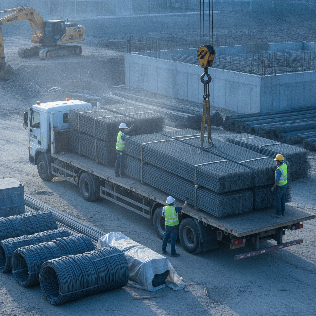 Flatbed truck delivering stacked welded wire mesh panels to a Woodbridge jobsite, illustrating logistics for concrete reinforcing steel mesh