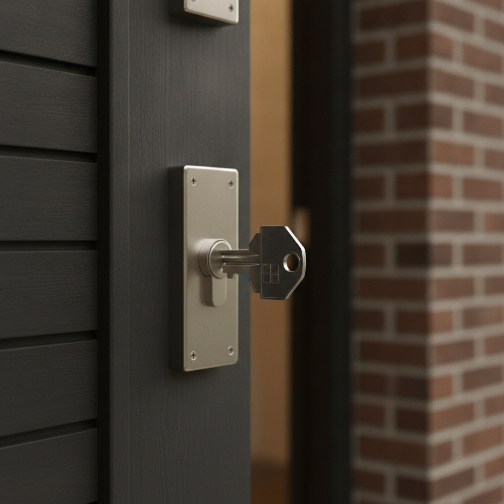 Close-up of a modern front door key in lock symbolizing Ontario MLS search readiness for residential homes