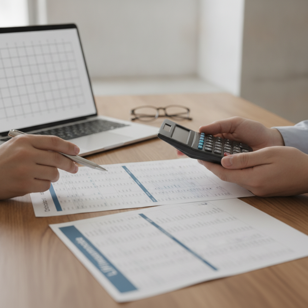 Close-up of hands comparing life insurance policy documents with calculator and laptop for Ontario policy review