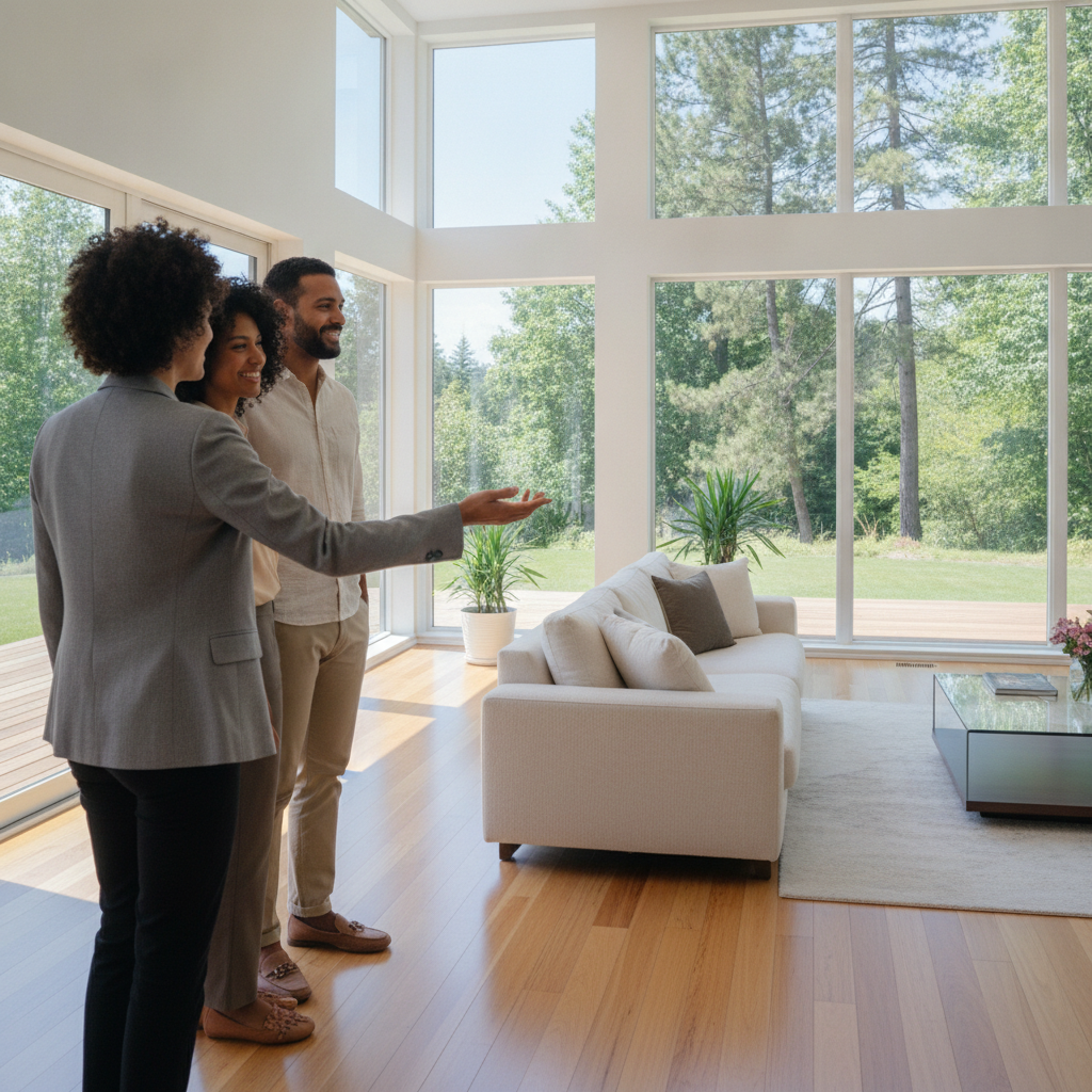 Realtor showing a bright open-concept living room to buyers during an Ontario MLS home tour in Brampton