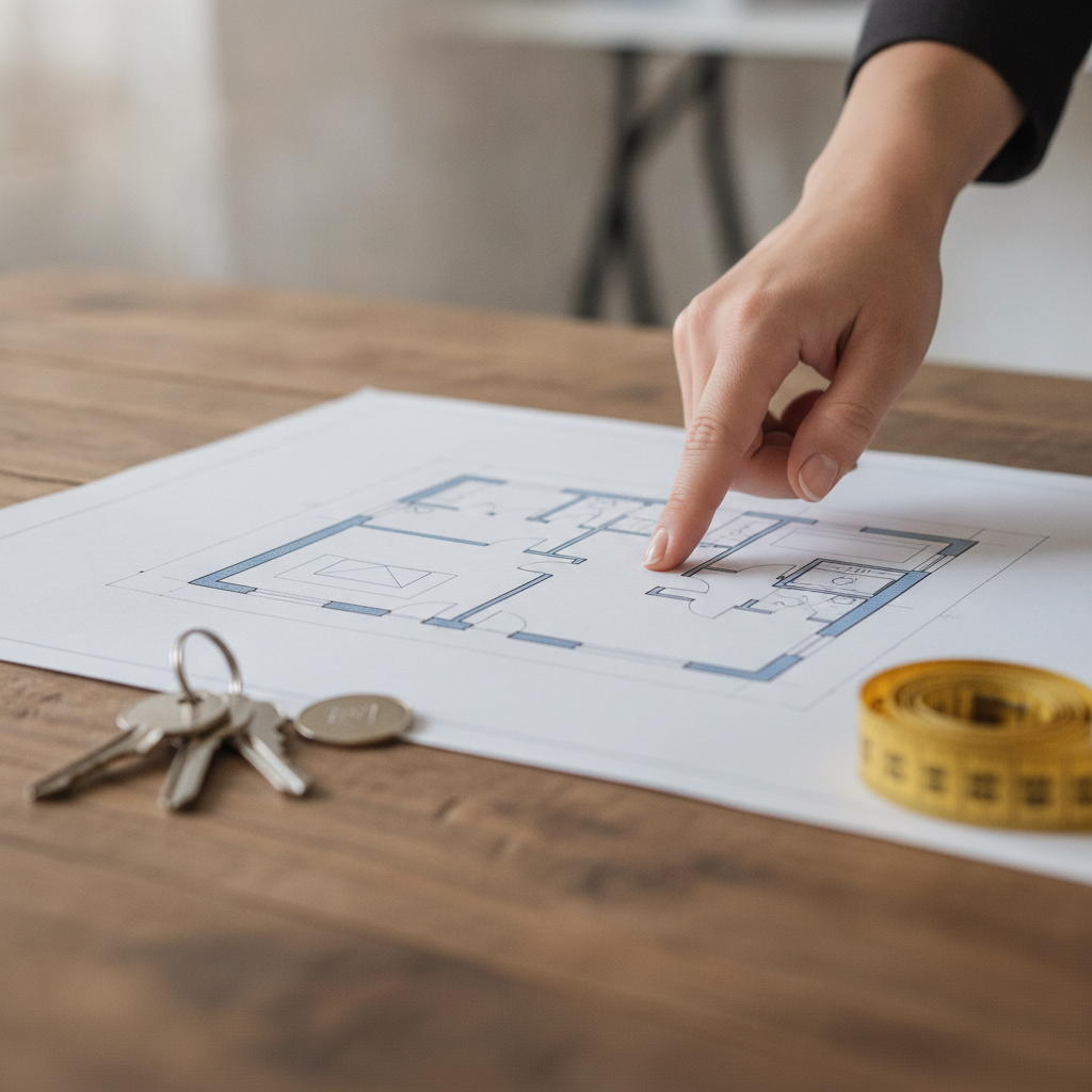 Detail shot of a Brampton home valuation: hands reviewing a floor plan with keys and measuring tape, illustrating a precise CMA process